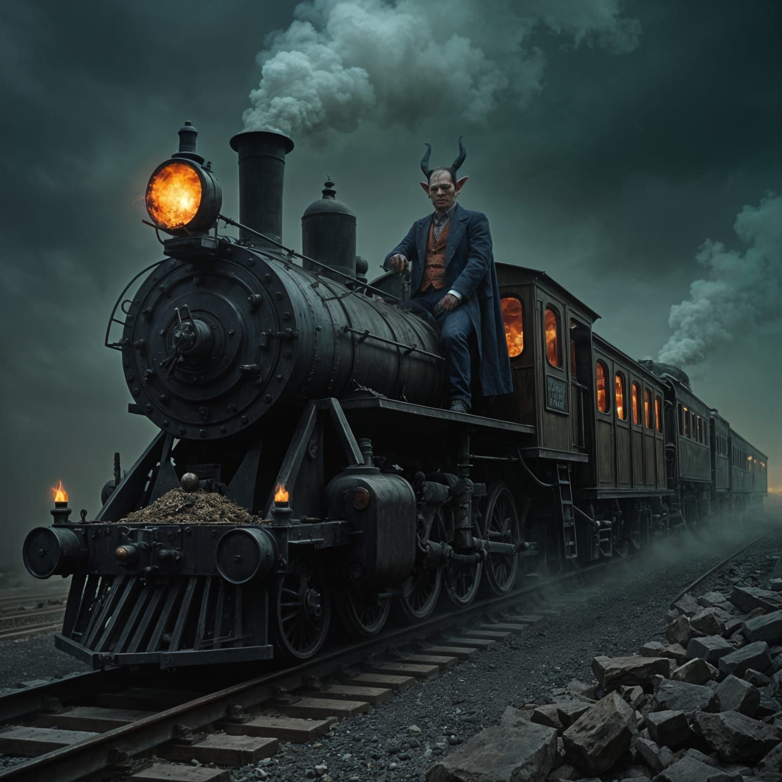 Hellbound Train Chugs Through Infernal Landscape in Dark, Go...