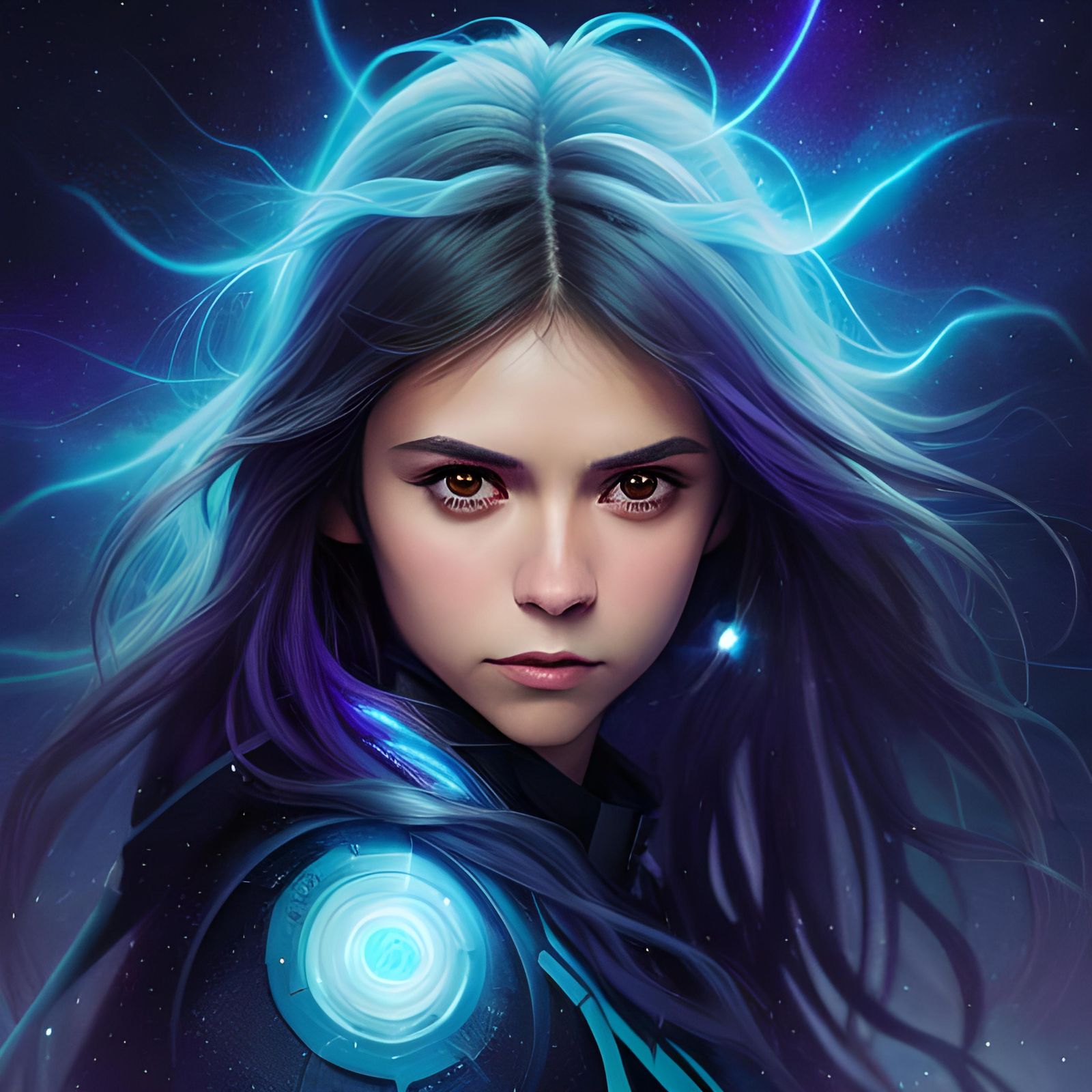 Nebula Night Portrait with Long Hair, Surreal Illustration
