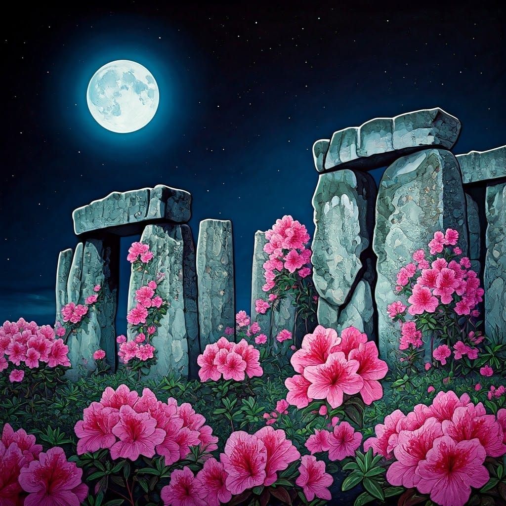 Azaleas Overgrowing Stonehenge in Romantic Alcohol Ink