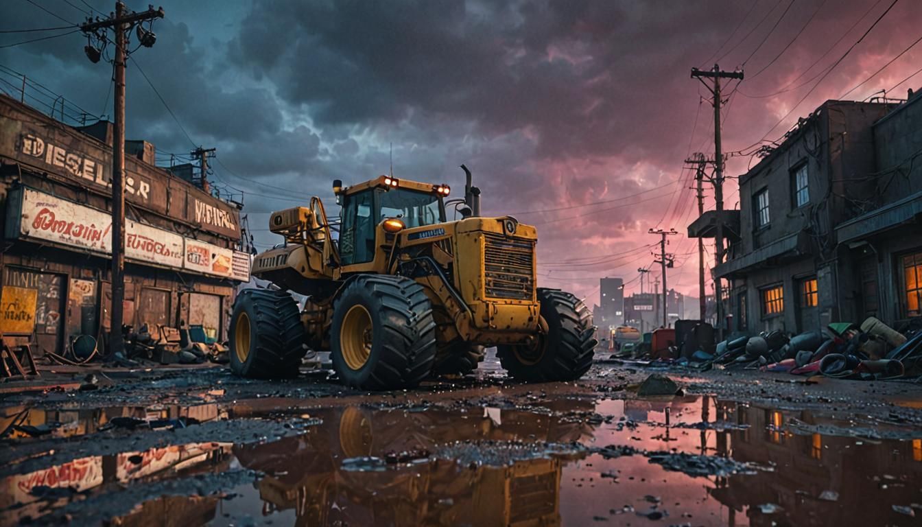 Dieselpunk Bulldozer in Stormy Sunset, Grimdark Style