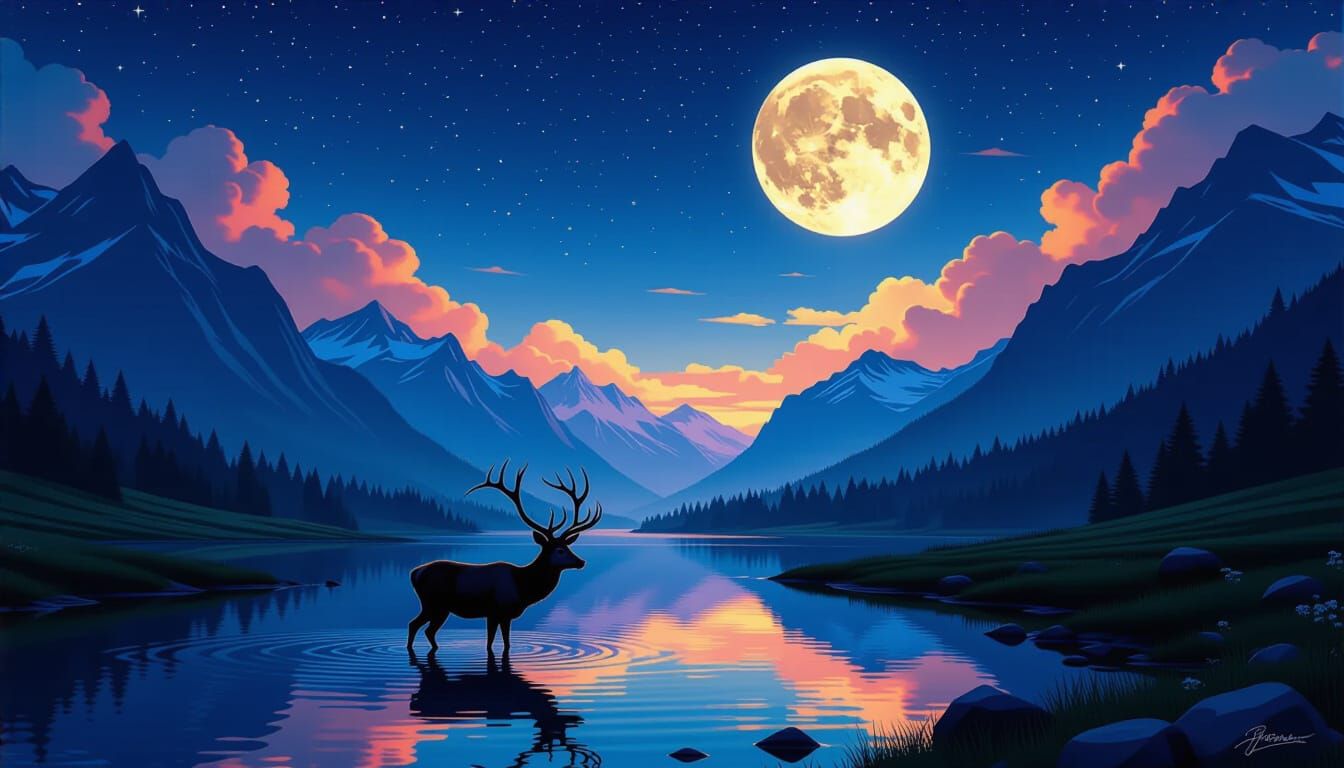 Starry Night Deer at River: Fantasy Art
