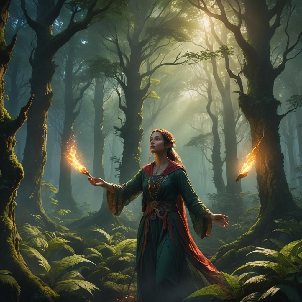 Woman Releasing Burdens in Mystical Forest: Fantasy Art