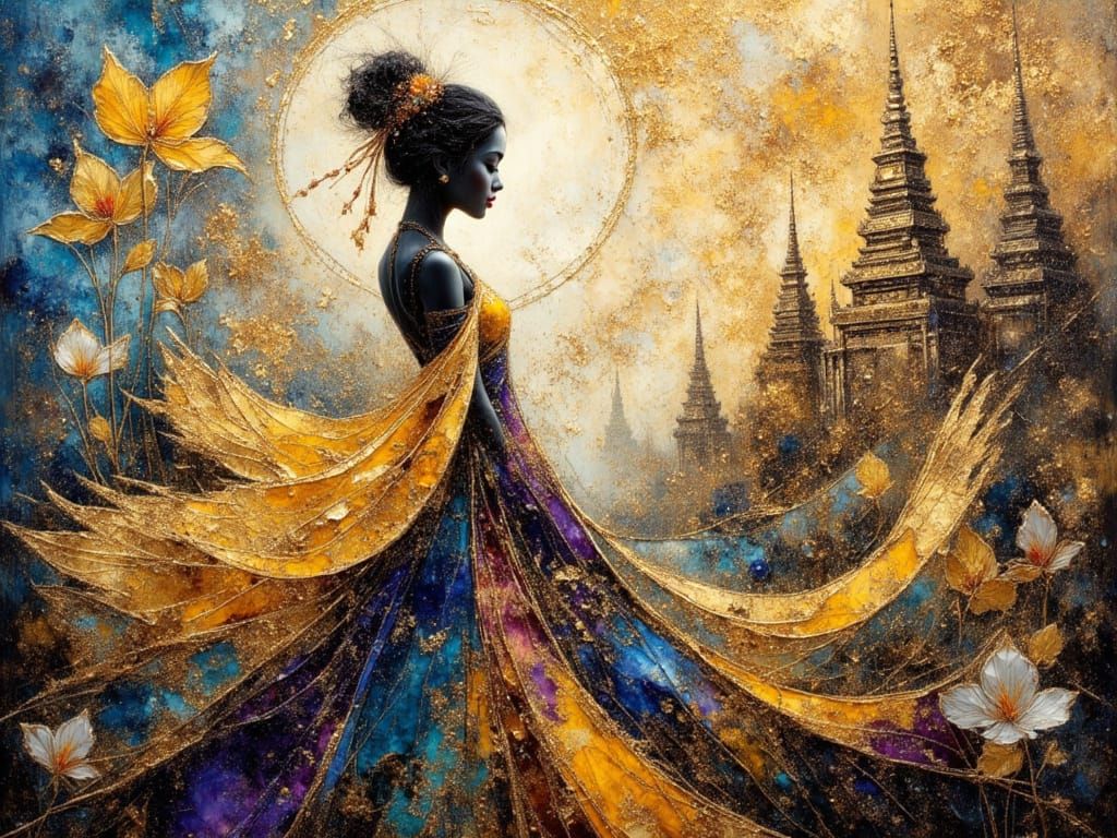 Thai Princess Silhouette with Temple Spires: Impasto Art