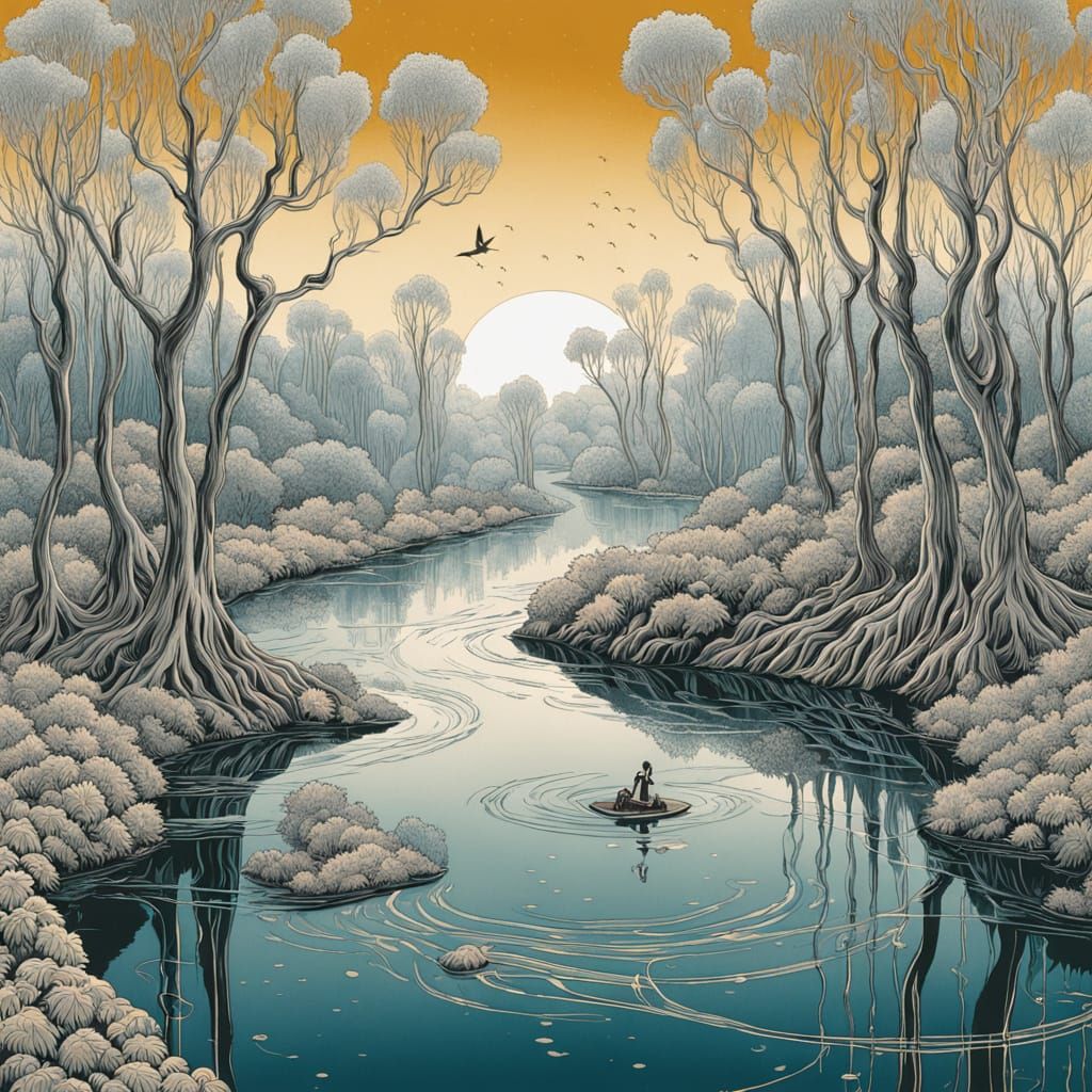 River Styx: Molten Gold and Silver in De Chirico Style