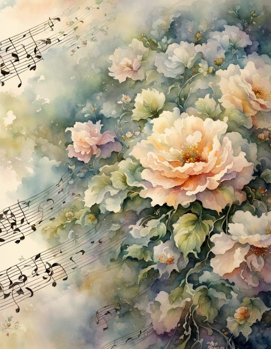 Floral Swag on Ivory Sheet Music, Watercolour and Ink