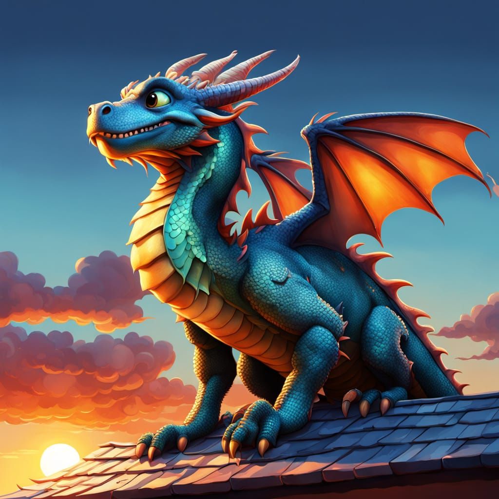Hyperrealistic Pixar Dragon Rooftop Sunset