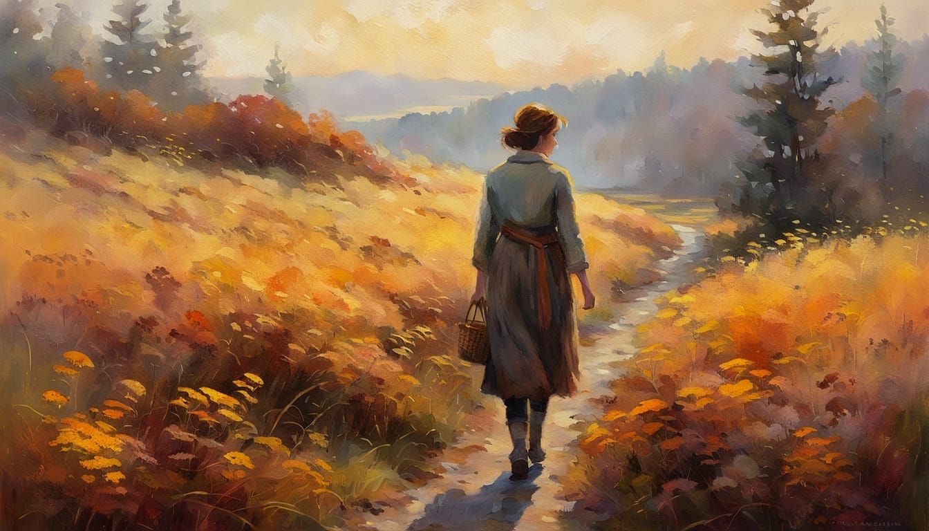 Impressionist Woman Walking Through Autumn Landscape