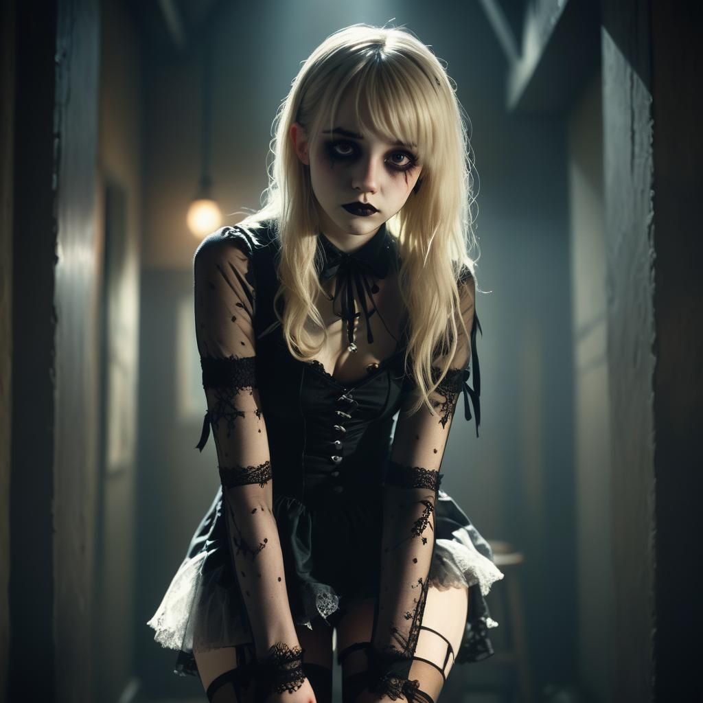 Moody Goth Girl in Shadows: Cinematic Film Still