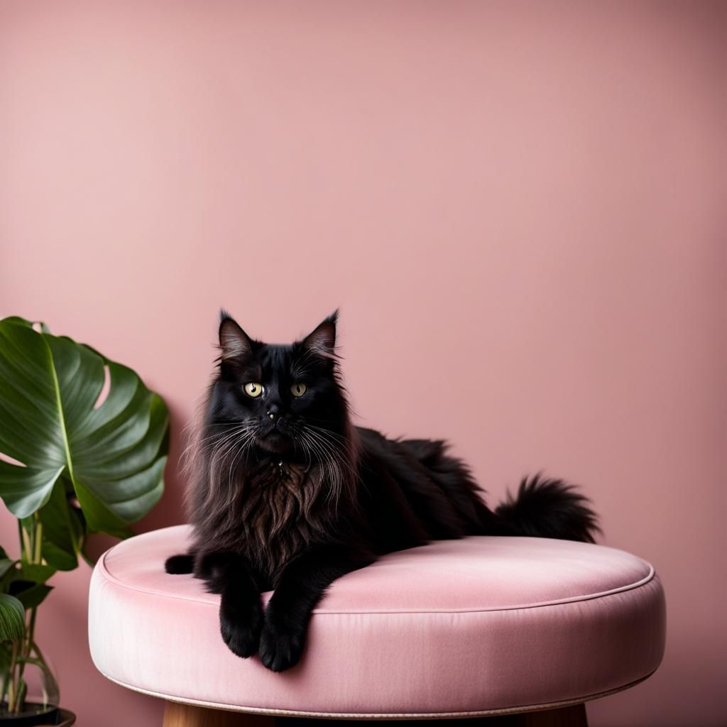 Black Maine Coon Cat on Pink Ottoman