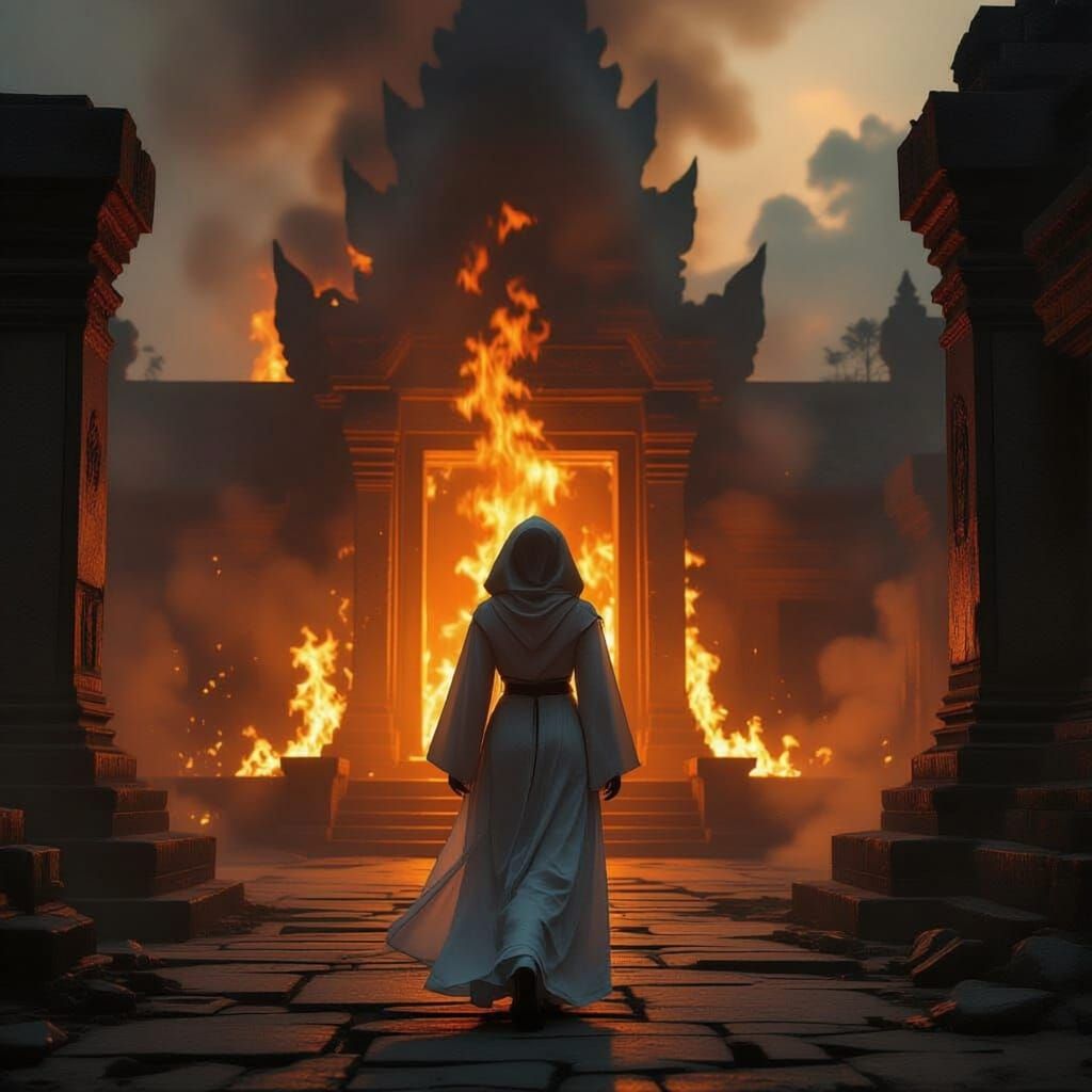 Priestess Enters Burning Temple