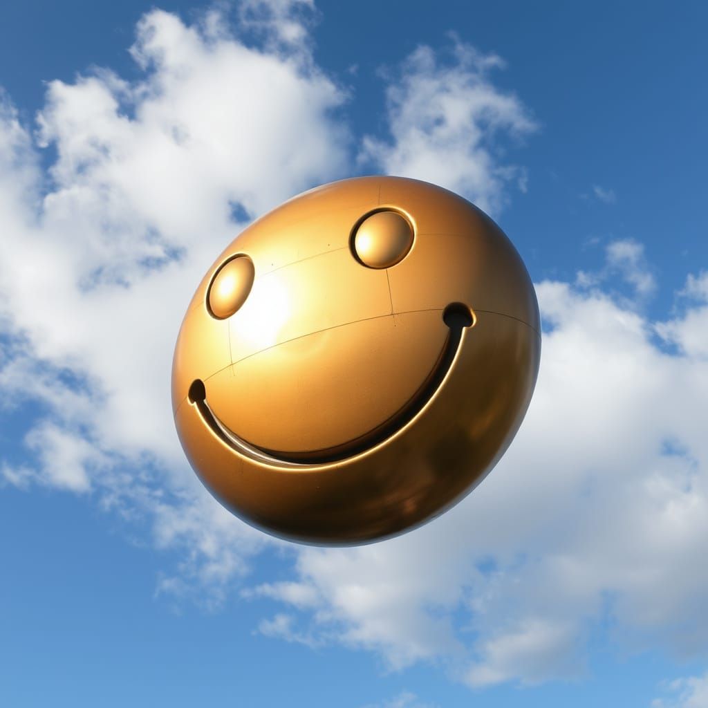 Giant Bronze Smiley Face Floating in the Sky