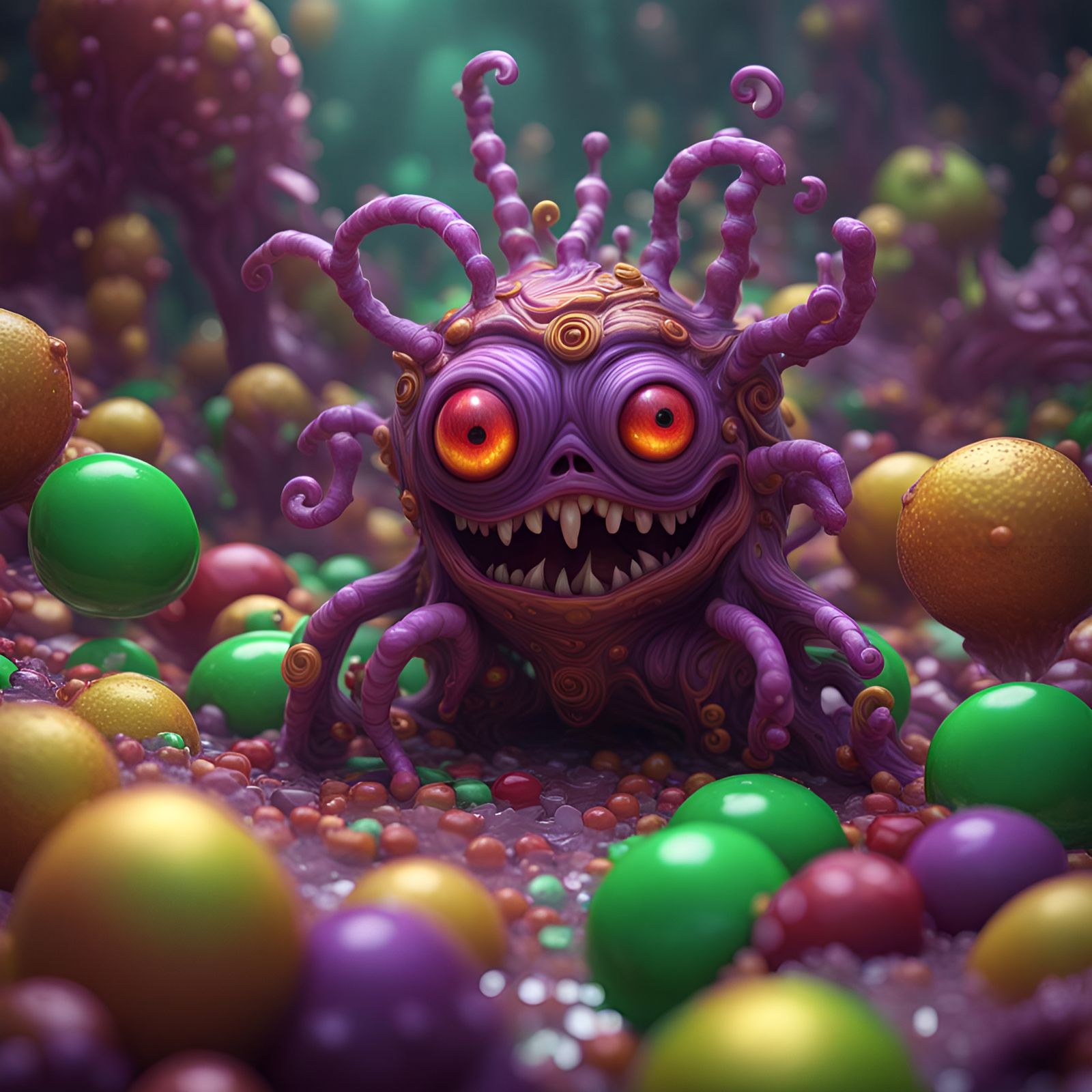Candy Beholder in Fantasy Landscape, Dark Concept Art