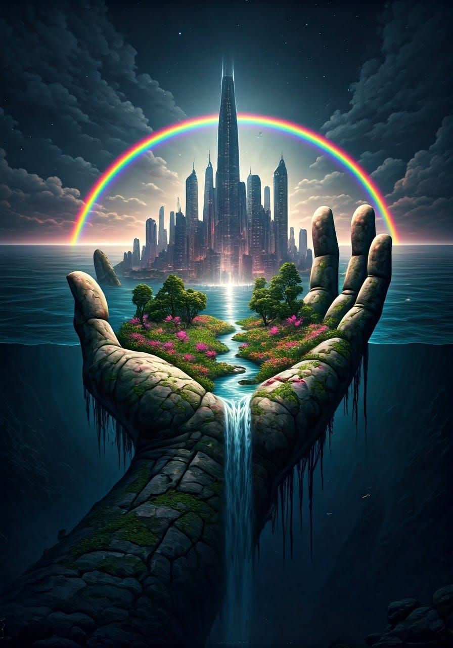 Metropolis on Stone Hand with Rainbow Sky