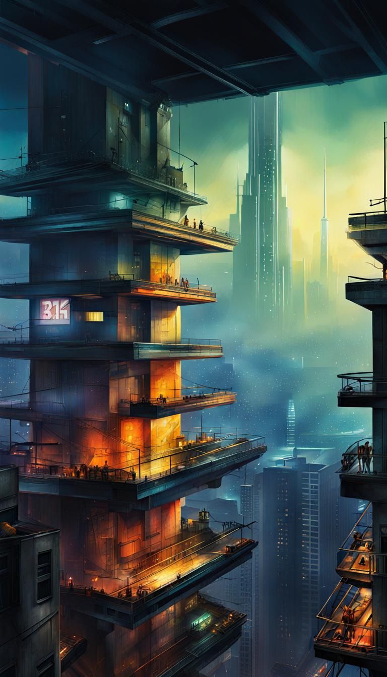 Neon Metropolis Balcony View in Brutalist Style