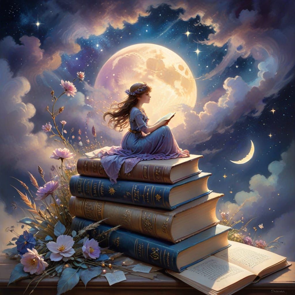 Dreamy Library Under Celestial Skies