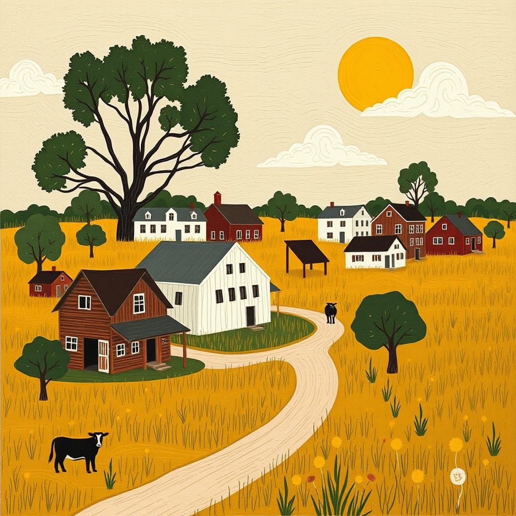 Whimsical Prairie Cityscape in Naive Pointillist Style