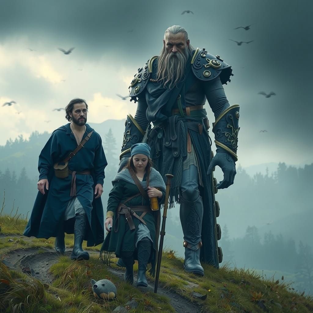 Giant and Friends Walking in Vibrant Landscape