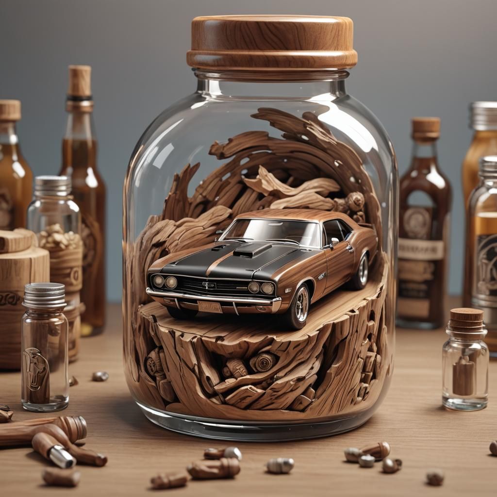 Wood Carved Muscle Car in Bottle: 3D Anime Art
