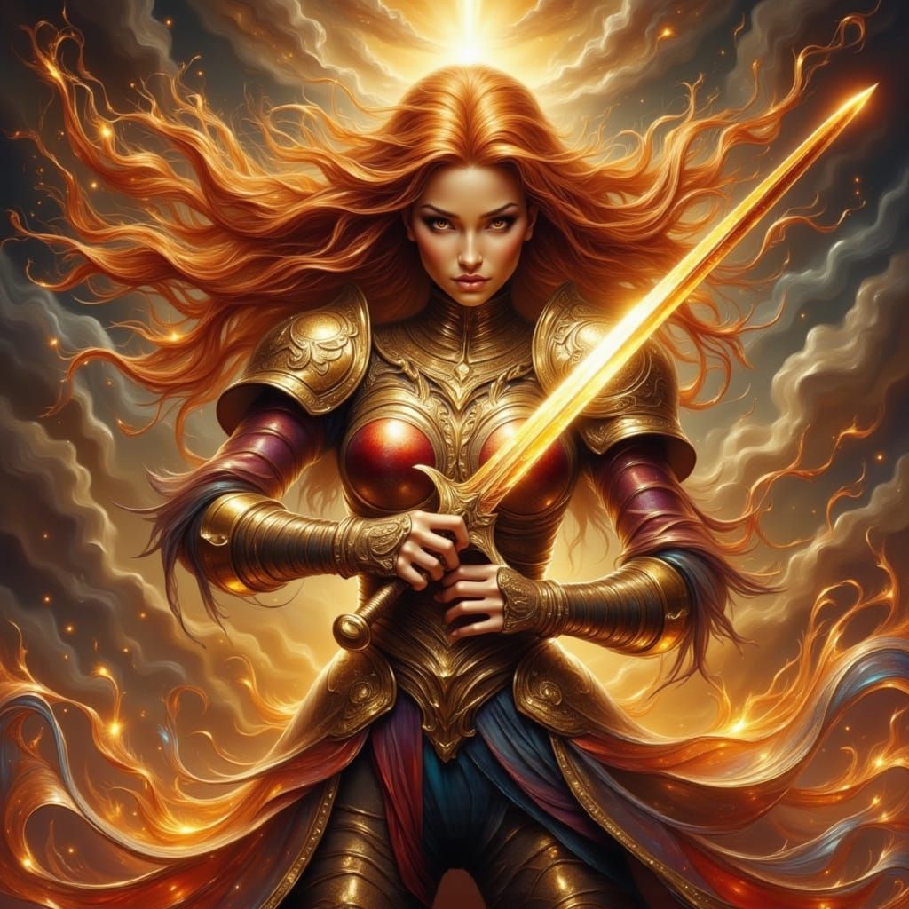 Fierce Female Swordsman in a Sci-Fi Sunset