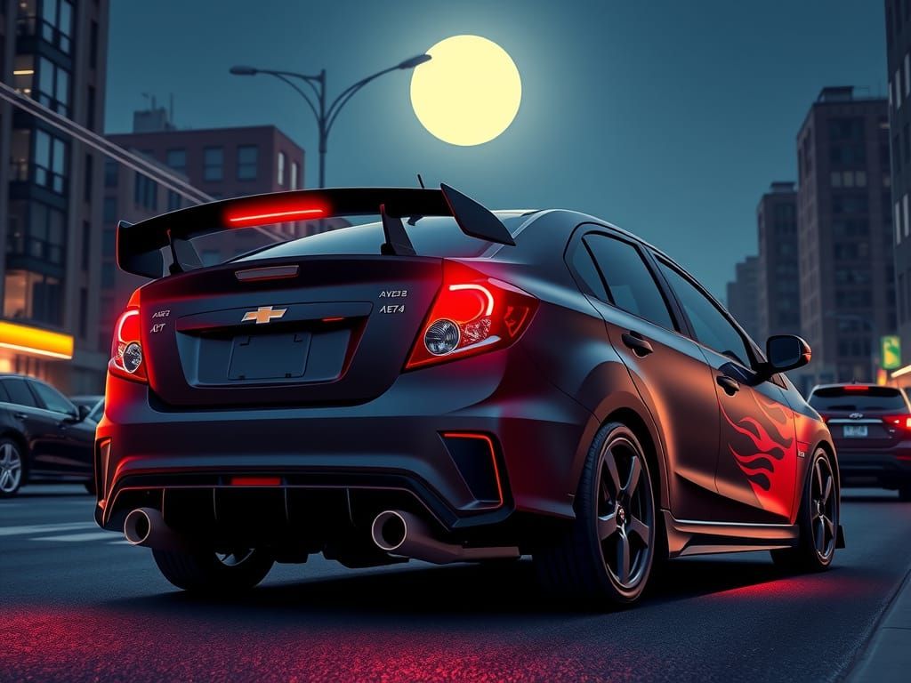 Custom 2024 Aveo with Flames in Cinematic Style