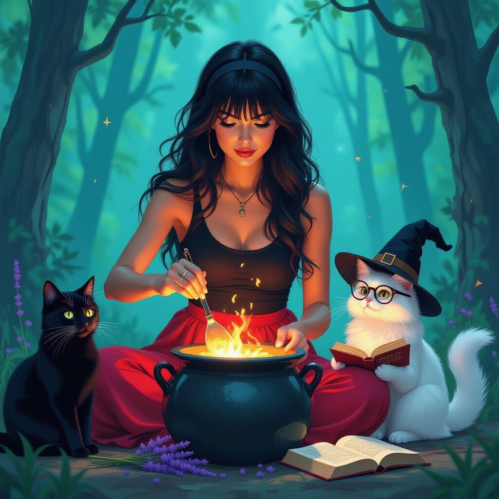 Mystical Cauldron Scene in 80s Retro Art Style