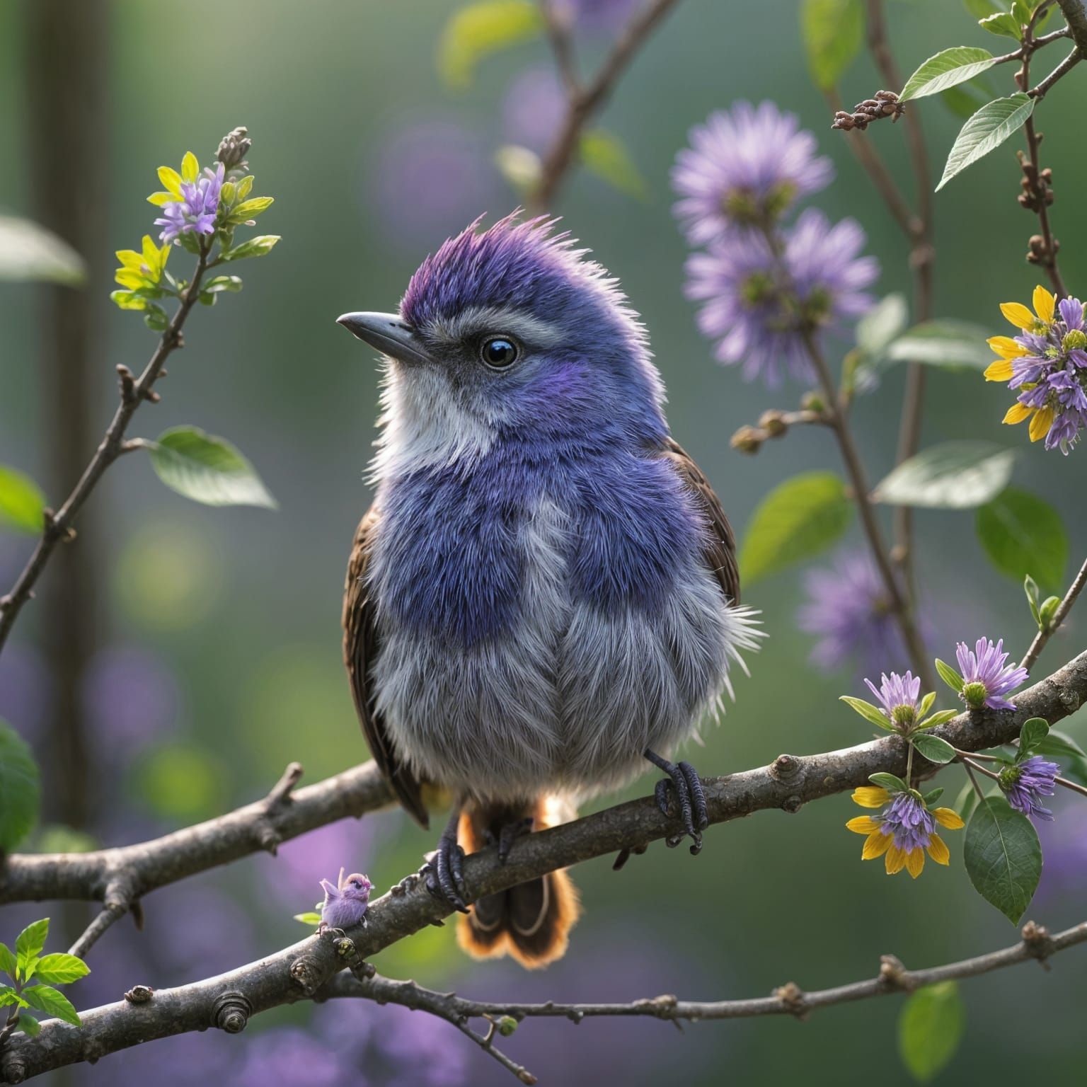 Vibrant Purple Baby Bird in Sunset Garden