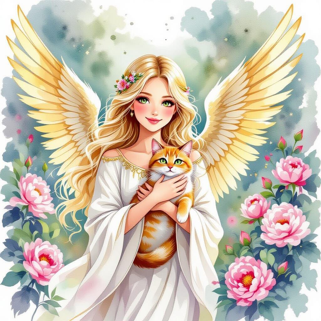Angel Holding Cat in Watercolor Garden