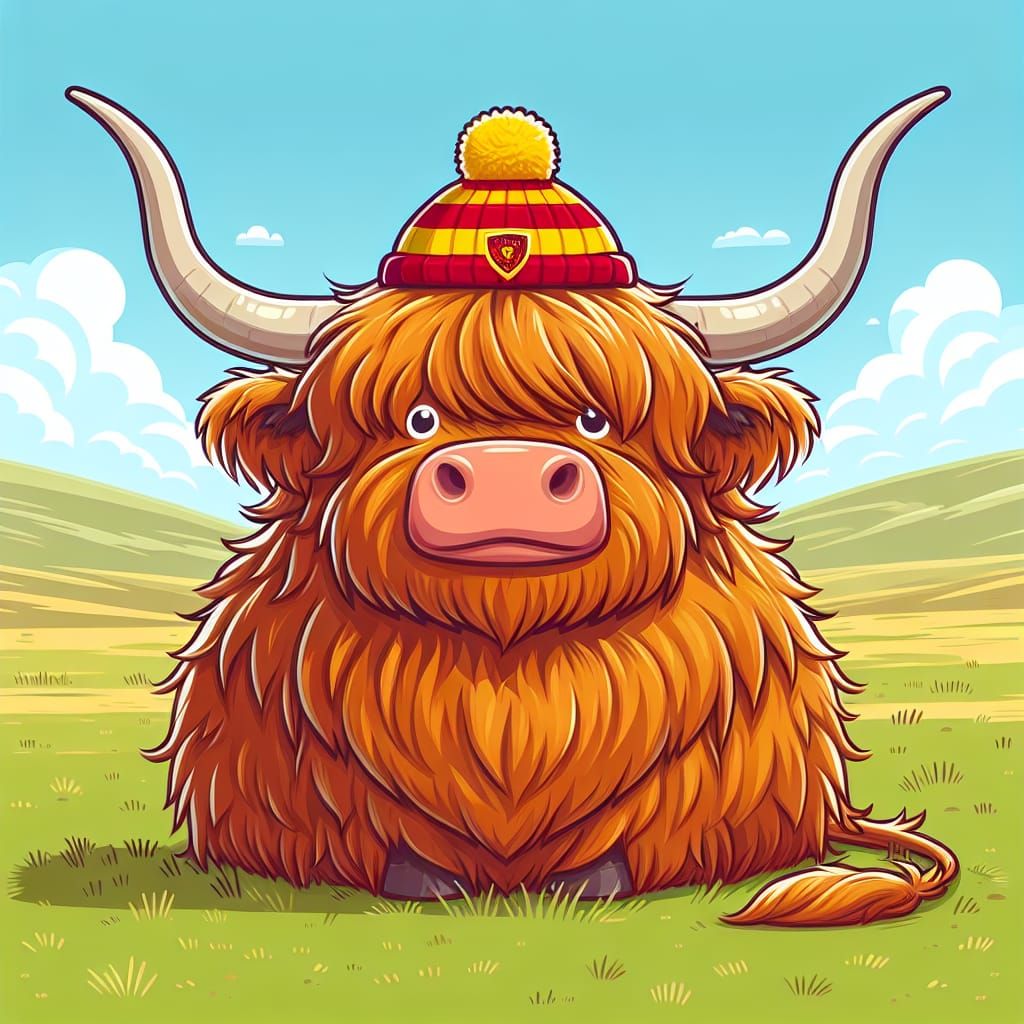 Cartoon Highland Cow in Football Hat