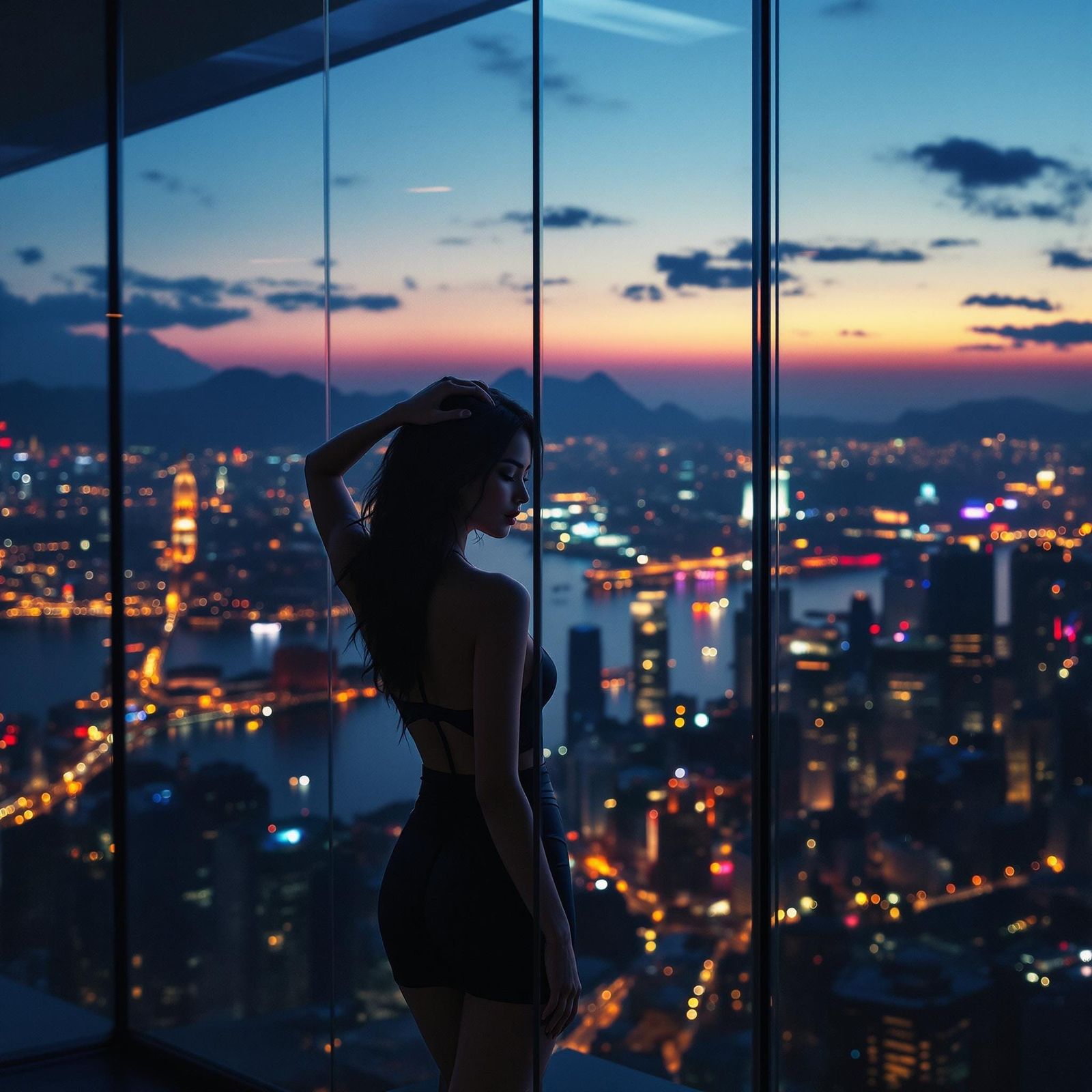 Asian Woman Silhouette at Sunset, Urban Fine Art