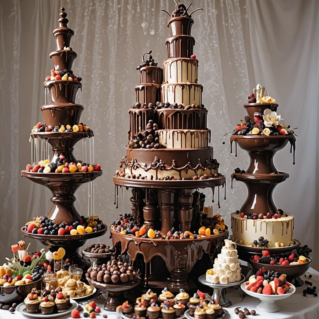 Fantasy Wedding Cake with Chocolate and Champagne Fountains