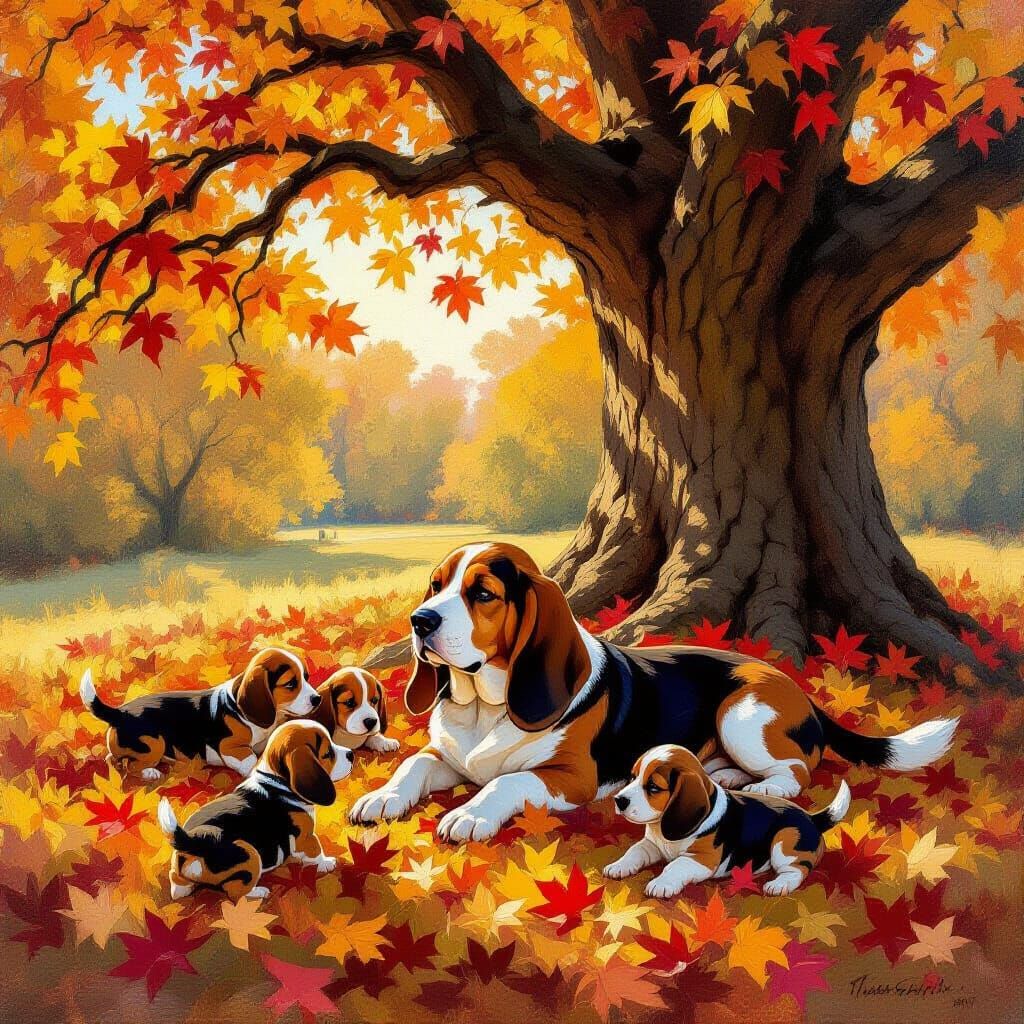 Basset Hound Mother and Puppies in Autumn Oil Painting