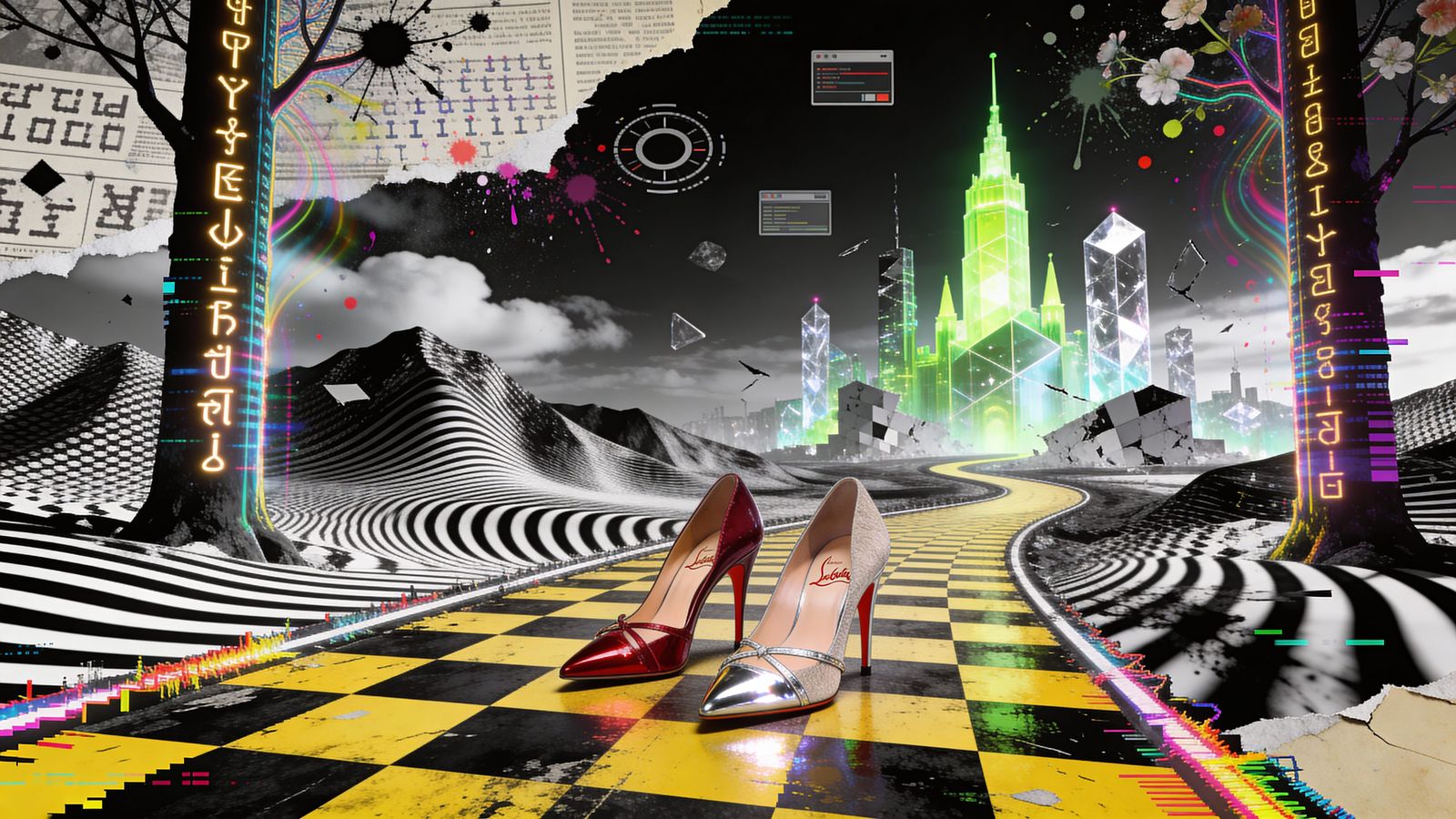 Surreal Glitch Art Road Through Moiré Wave Landscape