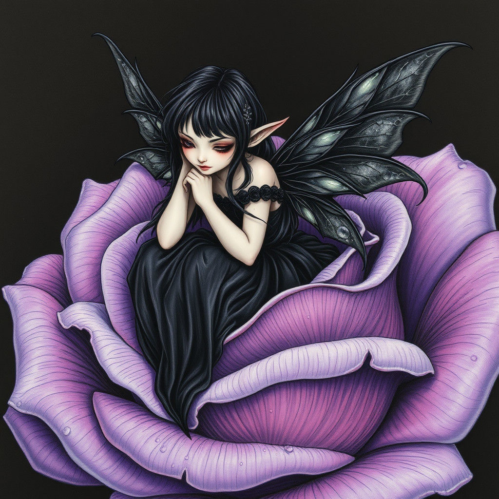 Gothic Fairy on Rose, Charcoal Drawing