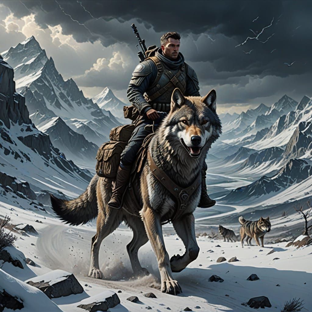 Soldier Riding Wolf in Desolate Landscape Oil Painting