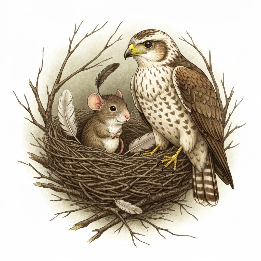 Mouse and Hawk Cozy in Nest, Whimsical Beatrix Potter Style