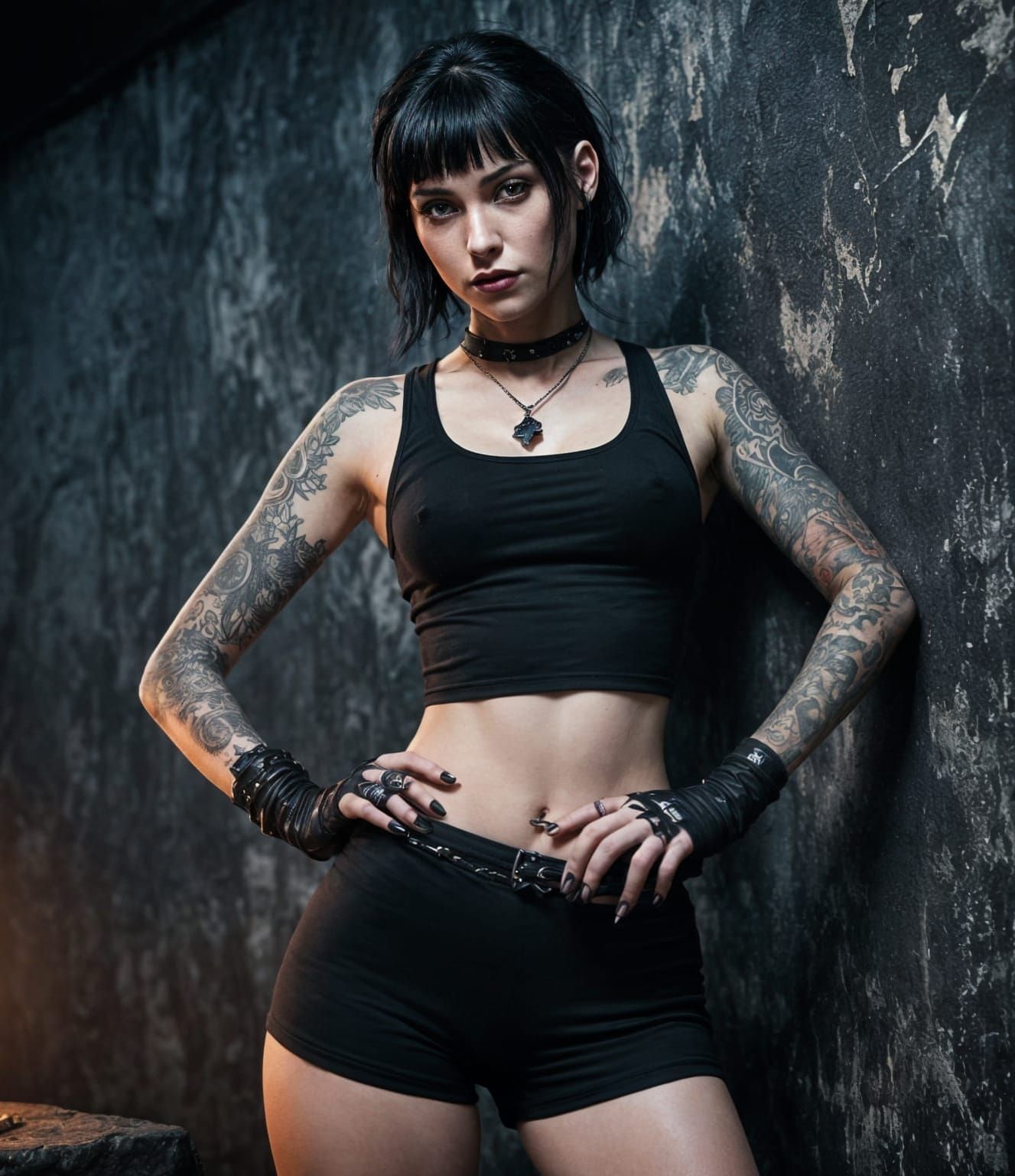 Goth Woman Confronts in Dark Grungy Setting, Fantasy Art Sty...