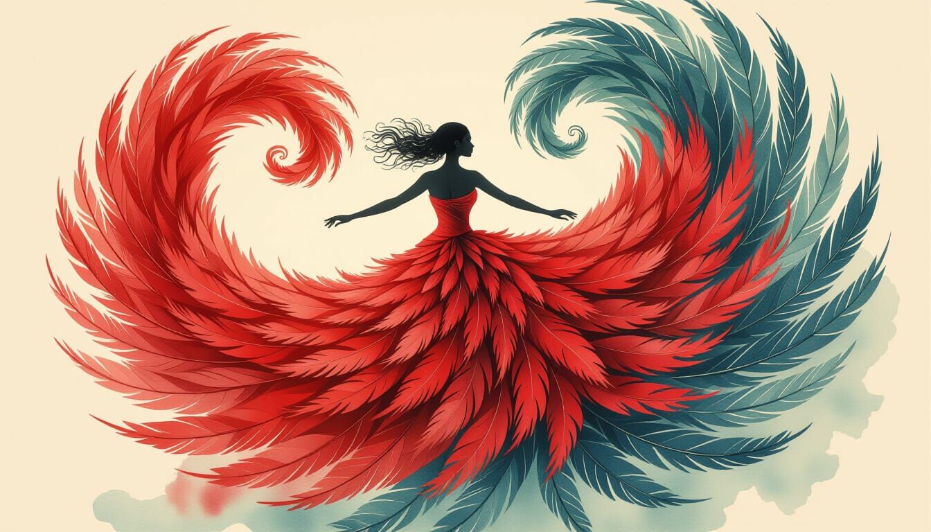 Bird Woman Transformation in Gouache Watercolor Style