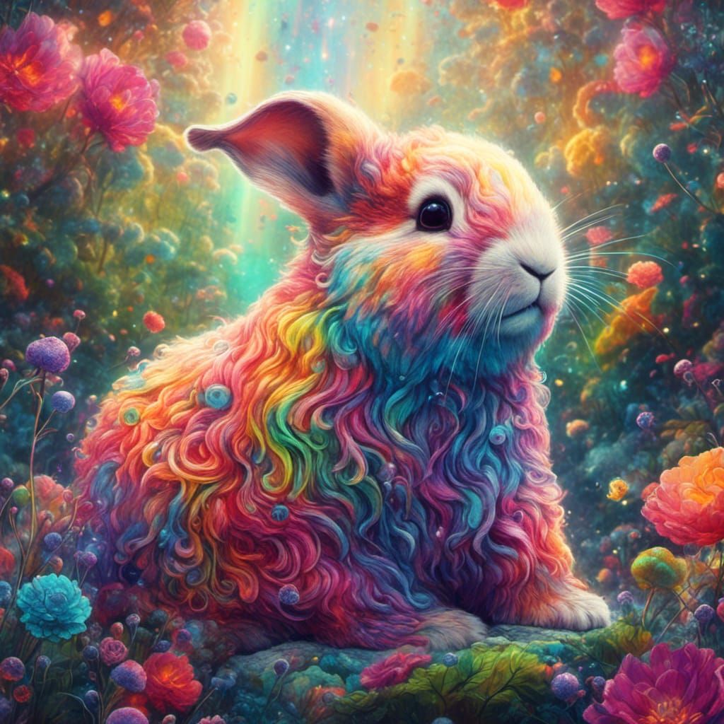 Rainbow Botanical Holland Lop: Cosmic Ink Illustration