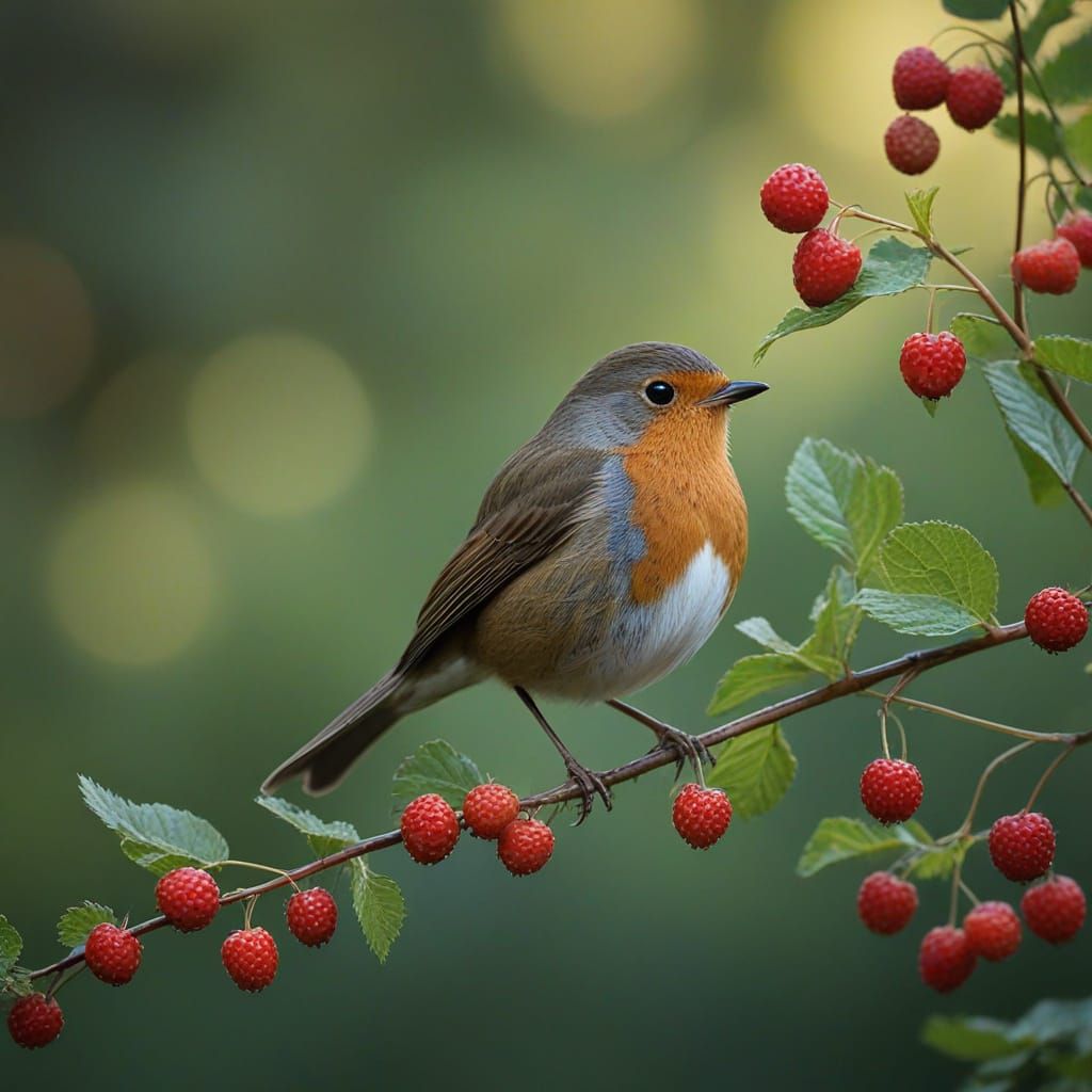Robin in a Serene Berry-Themed Scene, Inspired by Wildlife P...