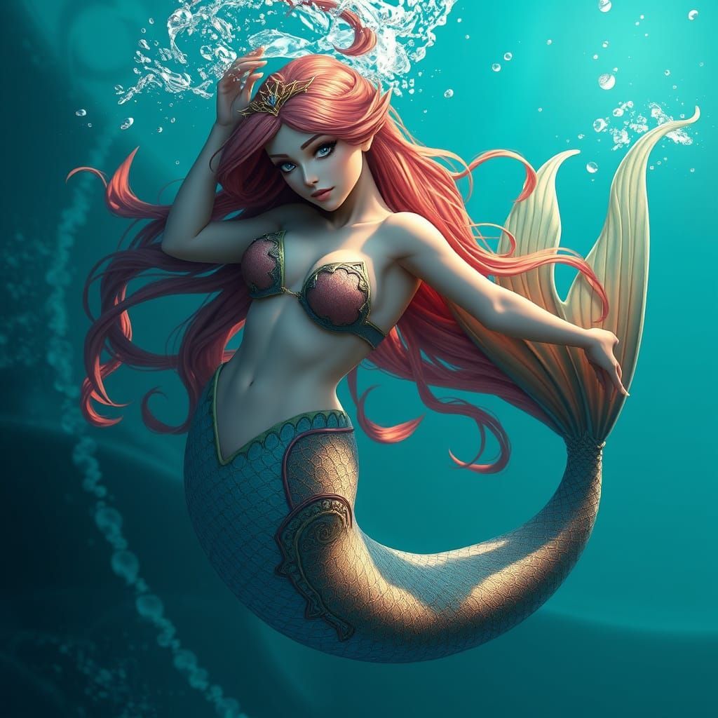 Mermaid Swimming in Azure Water: Detailed Fantasy Art