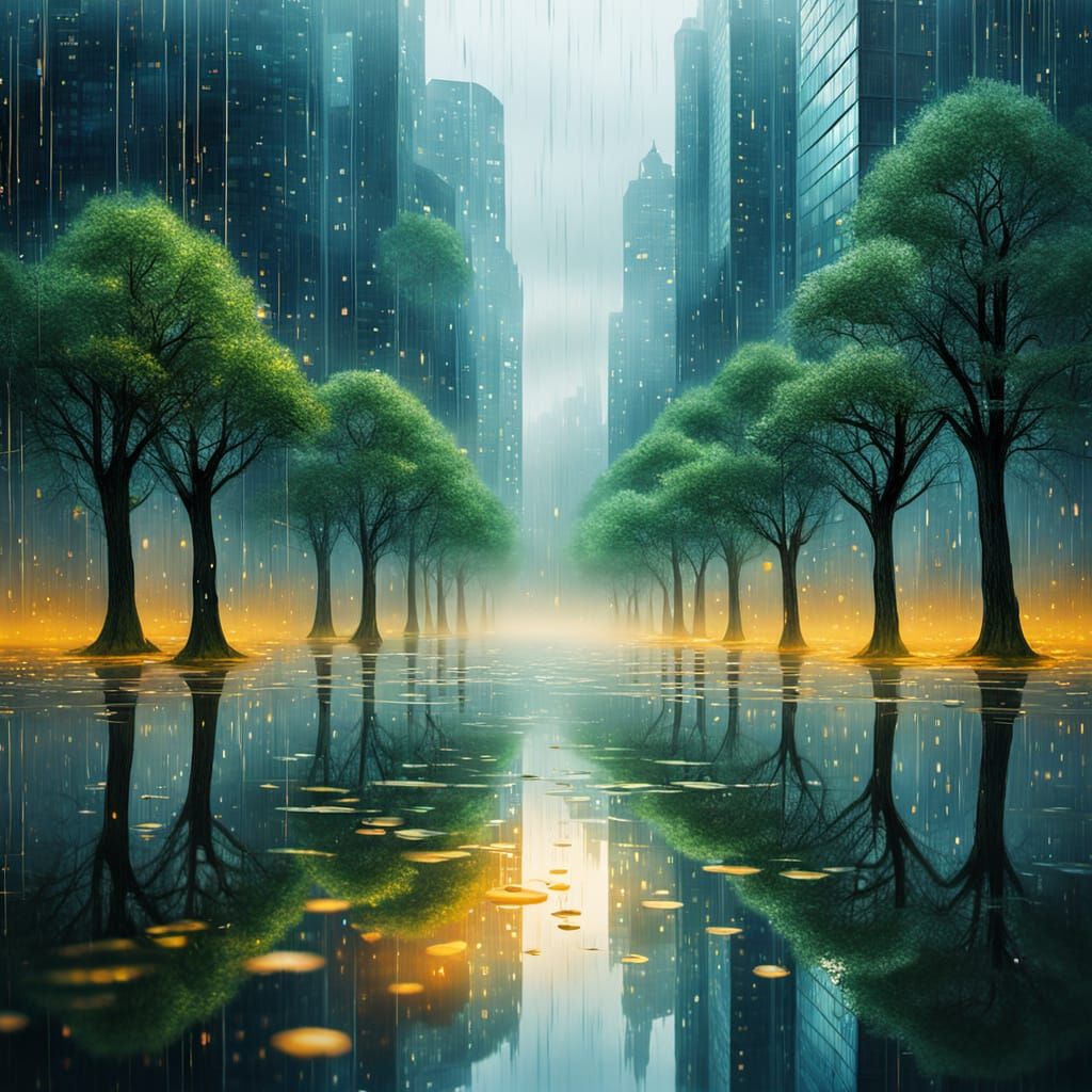 Surreal Raindrop Reflecting Dreamy Cityscape