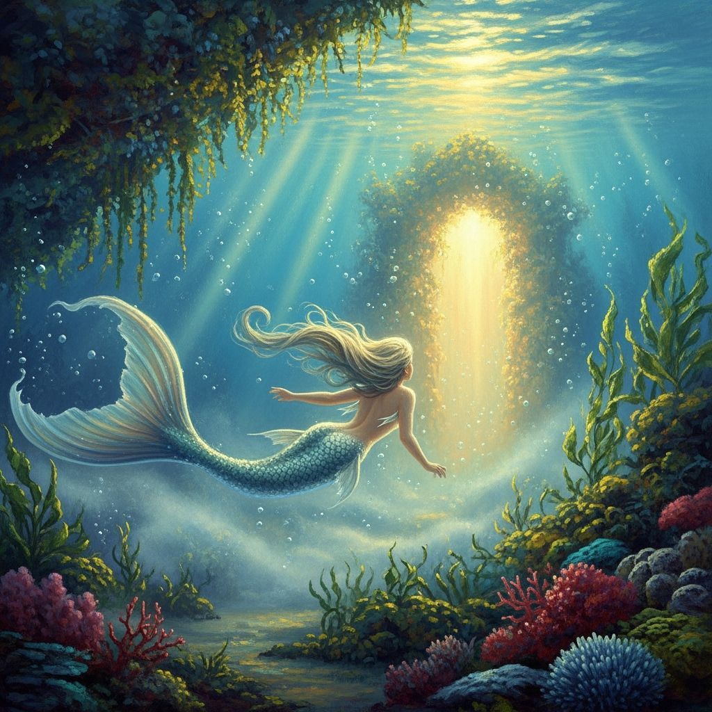 Ethereal Mermaid and Magical Portal in Kinkade Style