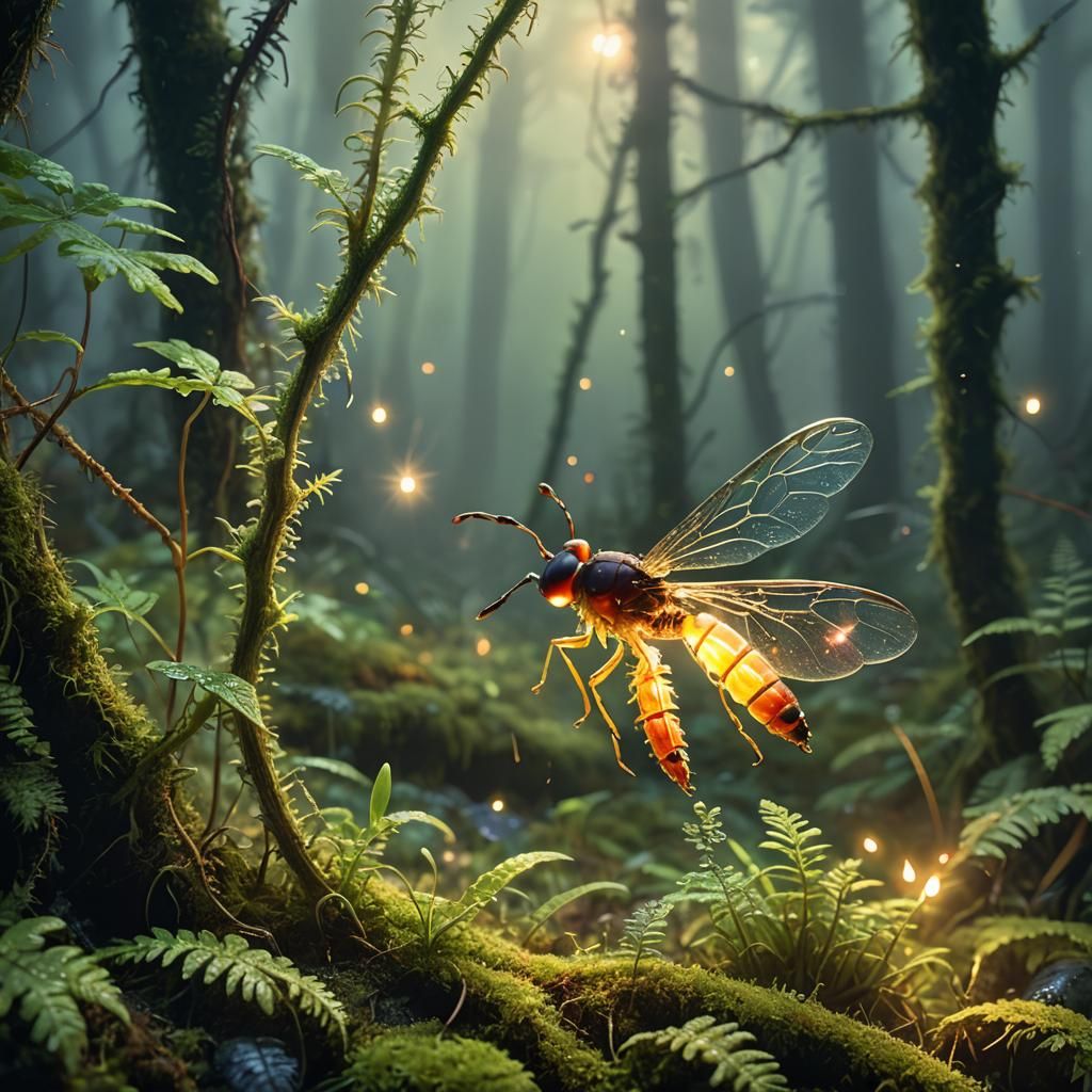 Ethereal Firefly Illuminates Mossy Forest Growth