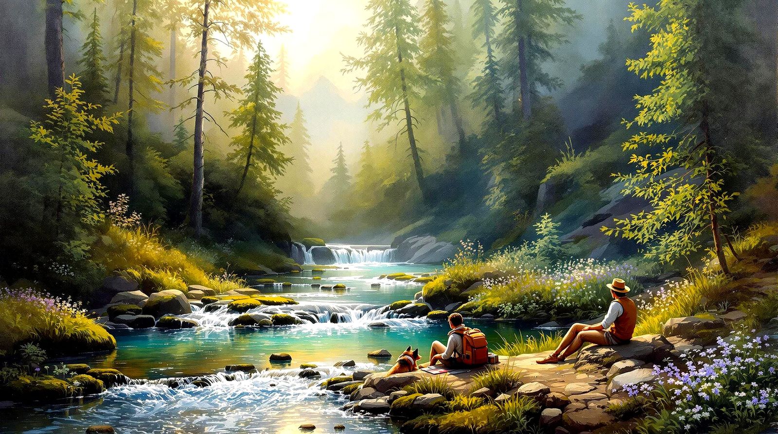 Travelers Resting by Brook in Academic Landscape Painting