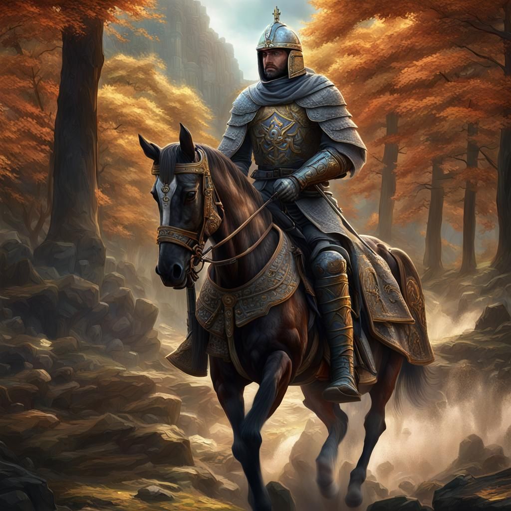 Templar Knight Rides from Battlefield: Hyperdetailed Digital...