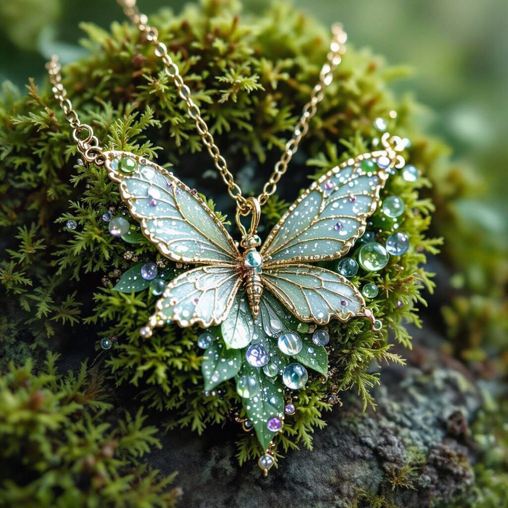 Enchanting Fairy Necklace of Moss and Dewdrops