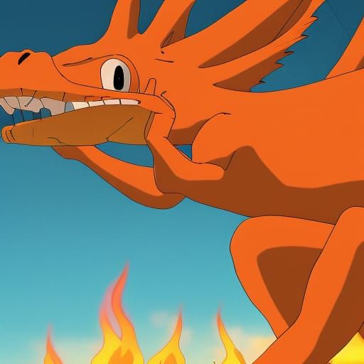 Anime Lizard with Flaming Tail in Ghibli Style