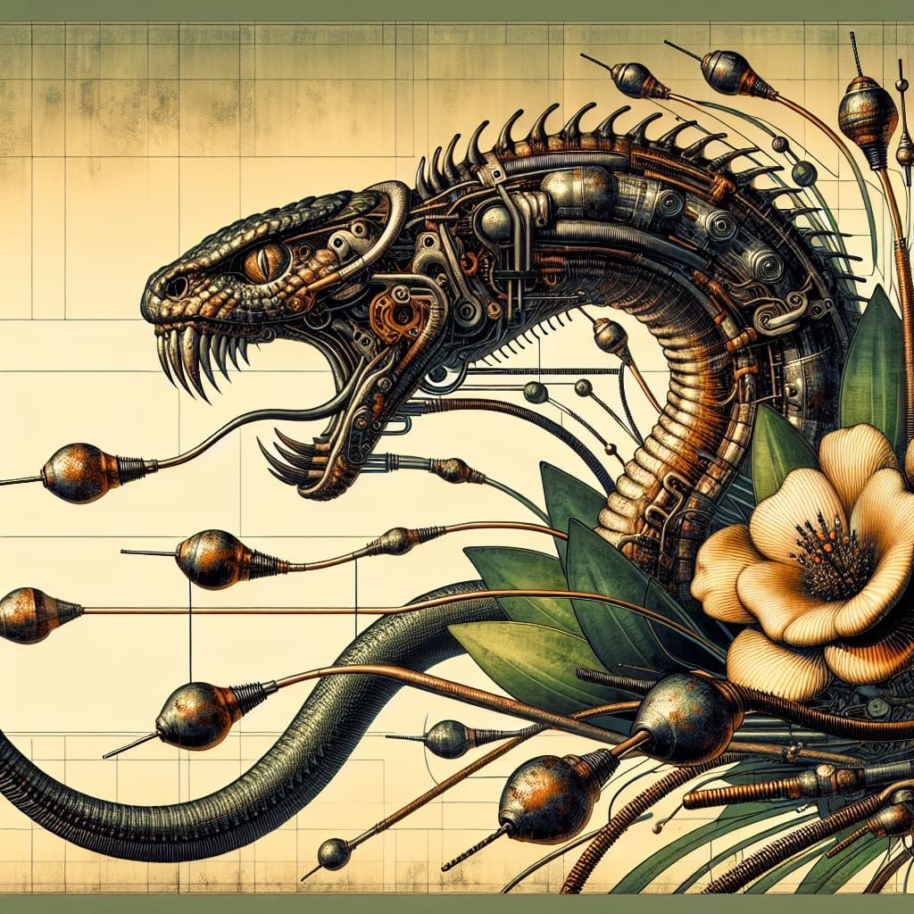 Steampunk Snake in Aggressive Stance with Art Nouveau Pollin...