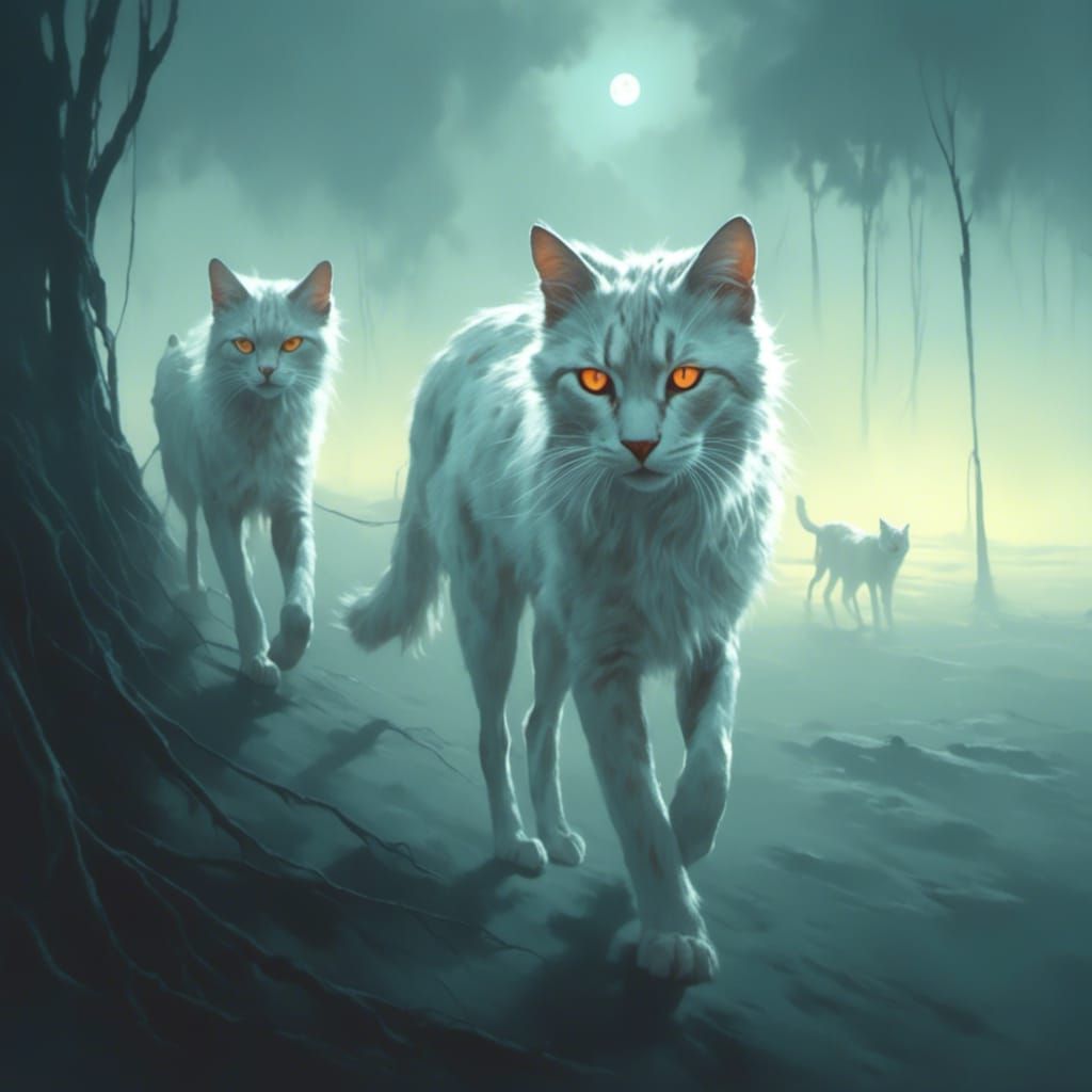 <lora:Dark Sinister Style:1.0> Ethereal felines with translucent, glowing fur, floating amidst a misty, moonlit atmosphe...