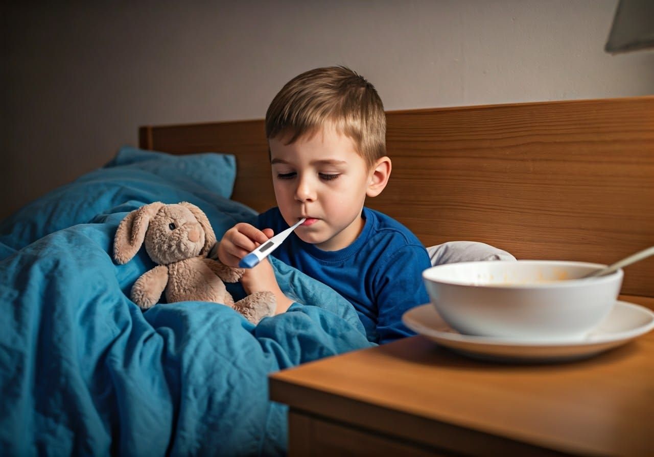 Little Boy Comforted in Bed with Stuffed Rabbit and Hot Soup
